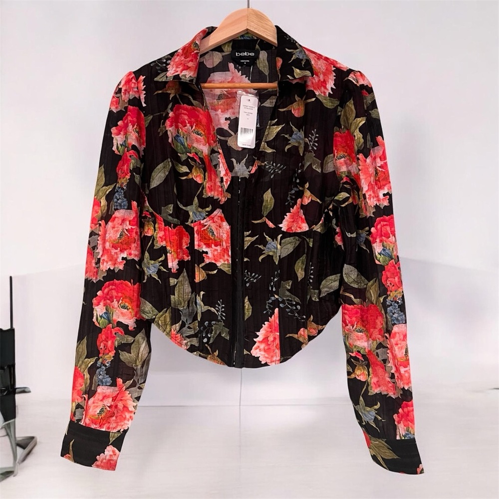 NEW Bebe Corset Blouse Sz 10 Hook Eye Cropped Top Long Sleeve Floral Black Y2K